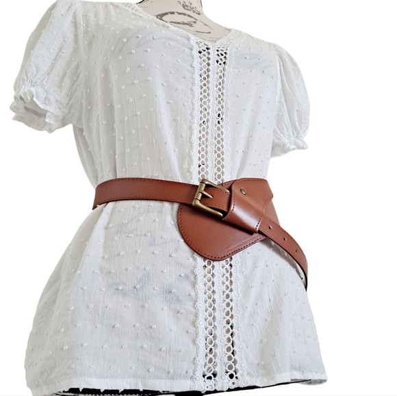 Asymmetrical Brown leather Western boho Gold buckle wide waist dress belt - Picture 6 of 14